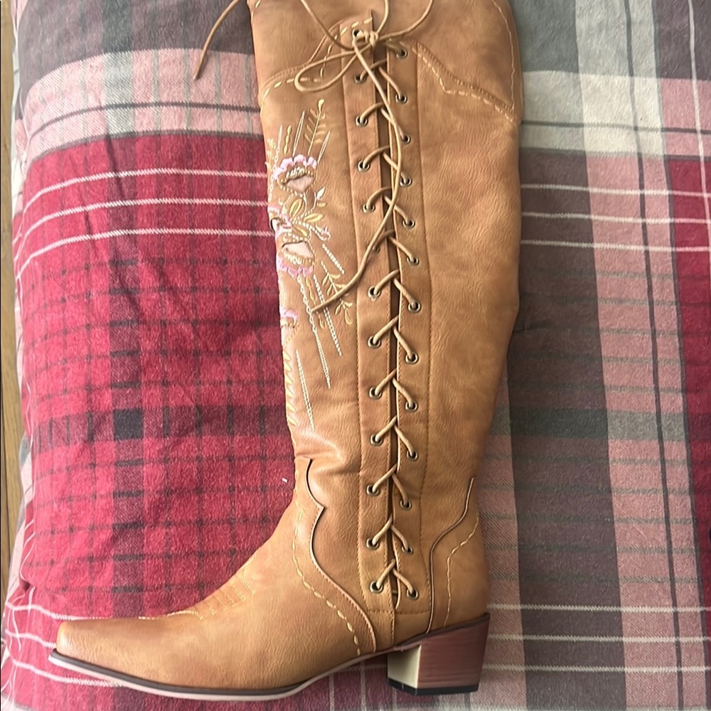 Tan Embroidered Knee-High Boots